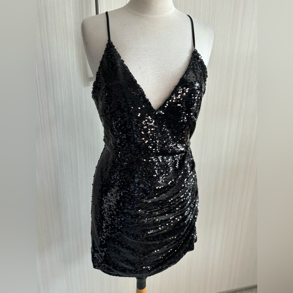 Emory Park Black Sequin Mini Dress With Deep V Neckline and adjustable Straps L